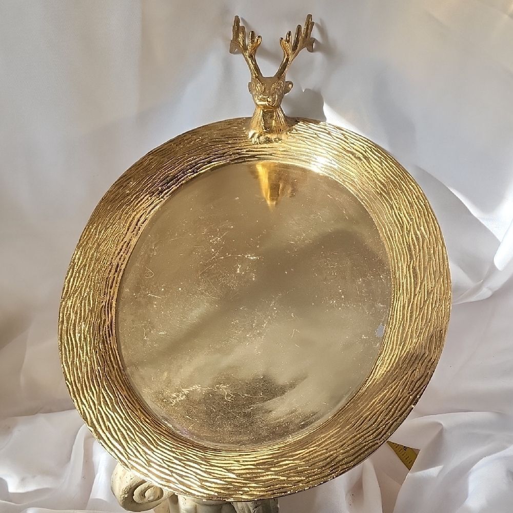 Large Oval Gold Tone Stag/Buck Head Antlered Platter